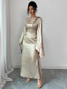 Elenzga 女士天鹅绒面料喇叭袖不对称设计后系腰鱼尾优雅中长连衣裙，适合日常通勤 - 金色 - 查看 5