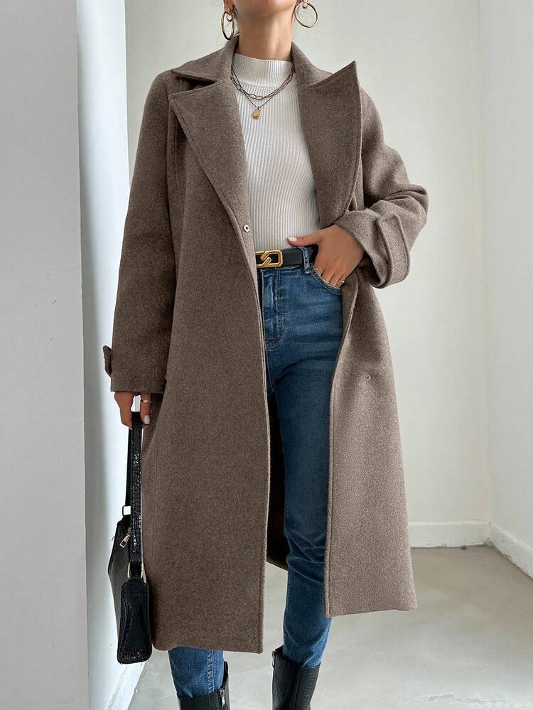EURMUSE 女式秋冬翻领口袋长款大衣 - 摩卡棕 - 查看 4