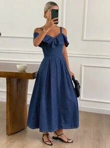 DAZY 女士牛仔荷叶边露肩牛仔连衣裙 - 深色水洗藍 - 查看 4