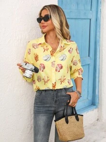 Vivid Eden Buttergelbe Boho Muschel-Muster Langarm Bluse für Frauen, Herbst Urlaub Strand & Alltag Lässig Sommer Blazer, Schulanfang Herbst - Gelb - Übersicht 6