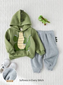 Cozy Pixies 2pcs Baby Boy Cartoon Dinosaur Pattern Hooded Long Sleeve Sweatshirt And Elastic Waist Pants Set Fall Winter