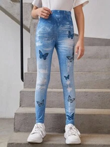 SHEIN Tween Girl Denim-Effect & Butterfly Print Leggings - Multicolor - View 7