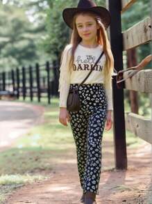 SHEIN Quần ống loe lưng cao co giãn họa tiết hoa cúc đơn giản, dáng rộng cho bé gái tuổi mới lớn - Nhiều màu - Xem 1