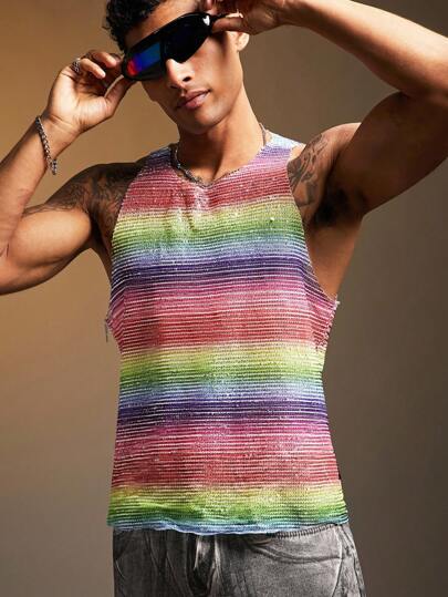 FeverCity 男士时尚彩色条纹背心，夏季