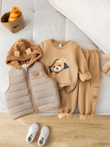 3件套男童卡其色加厚保暖休闲舒适百搭可爱小熊印花圆领套头卫衣+休闲加厚长裤+无袖连帽背心外套套装，秋冬季 - 卡其色 - 查看 2