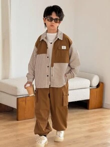 SHEIN 1 件儿童/青少年男童休闲条纹领长袖宽松开襟衬衫和纯色直筒裤 2 件套，适合学校、花园、海滩、生日、春夏秋冬