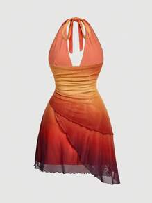 SHEIN MOD Plus Size Ombre Bowknot Asymmetric Fitted Dress Woman Fall Outfit, Sunset Dress,Wedding Guest Dress Women,Autumn Clothes,Fall Clothes,Retro,Chic - Multicolor - View 2