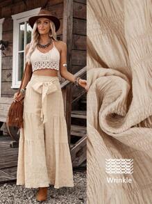 LanaWest 女式宽松纹理面料前部细节后部抽绳设计裤子，卡其色 - 卡其色 - 查看 2