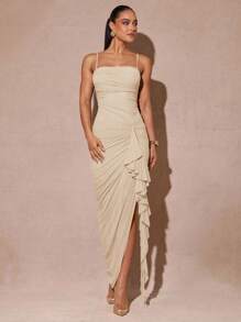 Silquee 优雅的鼠尾草绿色浪漫荷叶边袖高开衩长裙，女士蕾丝紧身派对礼服，适合情人节、约会、婚礼、舞会 - 杏色 - 查看 3