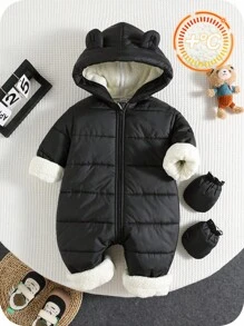 SHEIN 2件套新生儿男女宝宝可爱纯色连帽加厚连体衣、滑雪服、手套，男女通用婴儿服装，婴儿冬季保暖服 - 彩色 - 查看 4