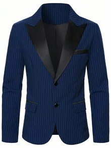 Calvornis 男士条纹翻领长袖夹克和裤子商务套装，老款风格 - 藏蓝色 - 查看 5