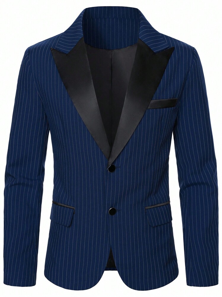 Calvornis 男士条纹翻领长袖夹克和裤子商务套装，老款风格 - 藏蓝色 - 查看 5