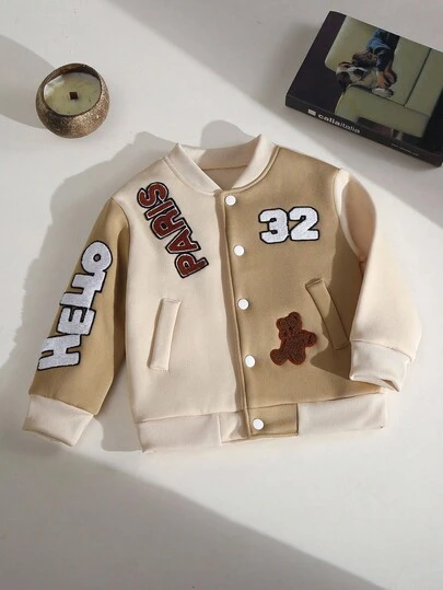 Young Girls Color Block Letter & Number Graphic Long Sleeve Jacket