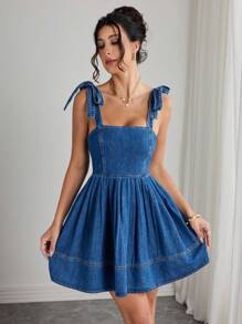 Elenzga 女士休闲褶皱牛仔吊带连衣裙，夏季 - 深色水洗藍 - 查看 3