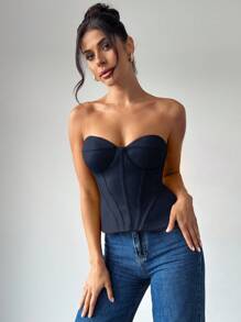 Firerie 女士纯色优雅抹胸上衣 - 藏蓝色 - 查看 5