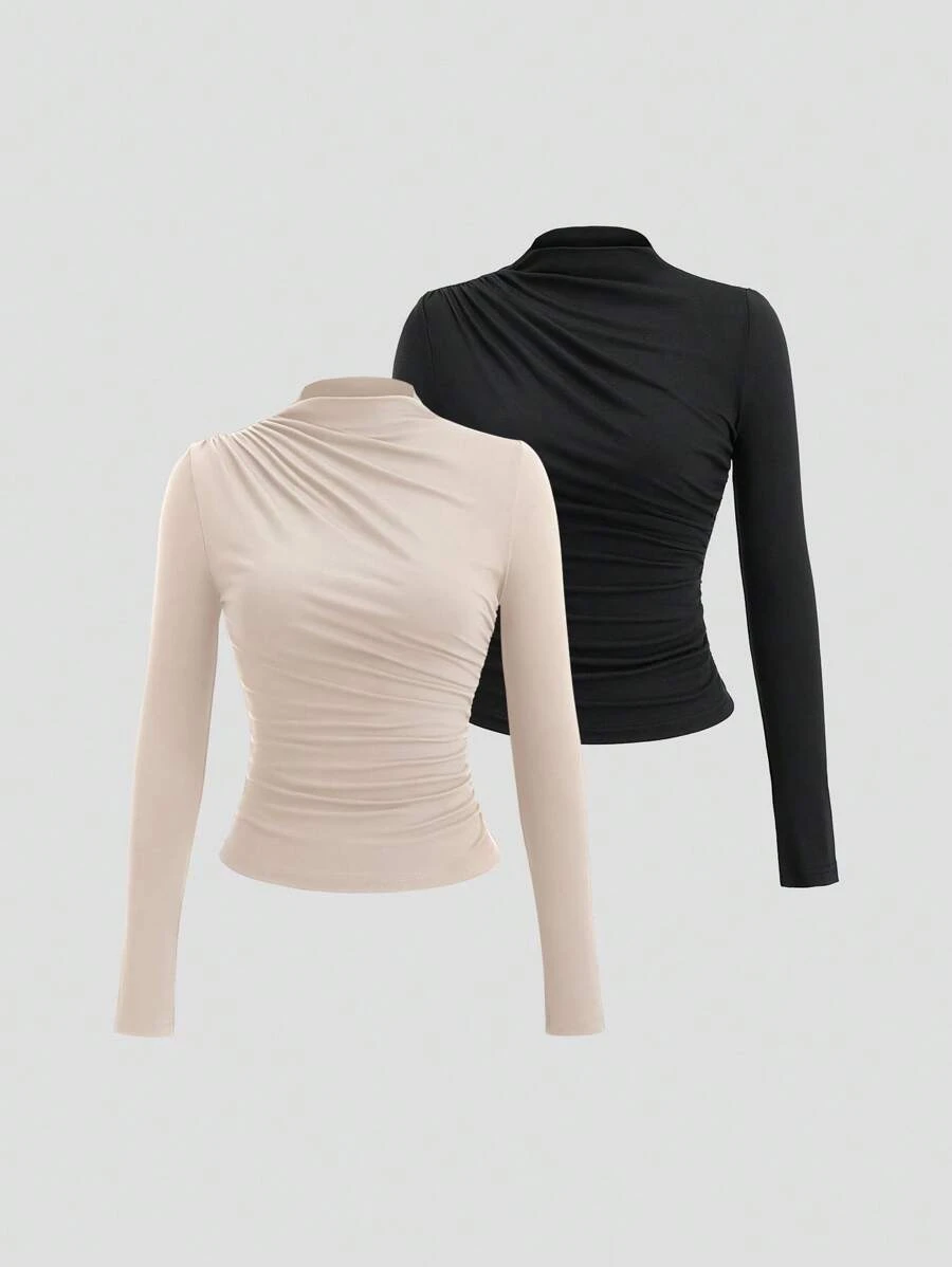Sweetra Women's Solid Color Y2K Sexy Mock Neck Ruched Long Sleeve T-Shirt Fall Cloth For Women - Multicolor - View 1