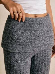 Poéselle Women's Casual Fold-Over Waist Ribbed Knit Pants,Gray Knit Foldover Waist Wide Leg Pants – Comfy High Waisted Sweater Trousers For Women, Y2K Fall 2025,Foldover Waist Knit Pants,Cute Fall Clothes,Grey Ribbed Trousers,Fall Sweater Pants