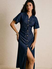 Poéselle 新款女式牛仔连衣裙短袖前襟收腰紧身长裙深蓝色连衣裙秋季女士连衣裙返校万圣节服装女教师连衣裙婚礼宾客连衣裙女式商务休闲装女式约会夜装 - 深色水洗藍 - 查看 6