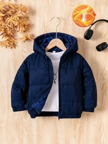 幼儿男童纯色简约连帽长袖棉衣，休闲日常穿着 - 藏蓝色 - 查看 1