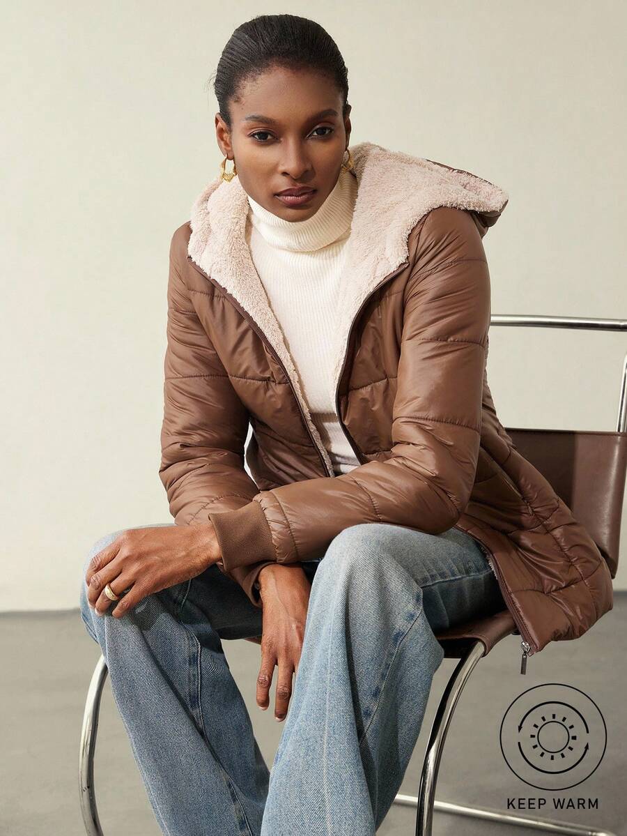 Aveloria Modichic Abrigo acolchado con capucha con cremallera y estampado de cuadros sencillo, ropa de invierno casual y versátil - Café integral - Ver 1