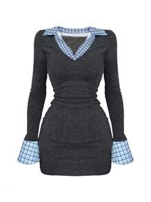 SHEIN Women's Plaid Patchwork Waist Cinched Midi Dress Fall Cloth For Women - Dark Grey - View 5