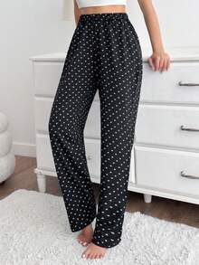 SHEIN Women Cotton Contrast Colour Heart Pattern Homewear Sleep Bottoms Heart Print Pajama Pants Womens Pajama Pants Black Pajama Pants Sleep Pants Lounge Pants