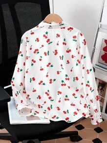 Girls' Minimalist Chic Sweet White Base Red Cherry Pattern Long Sleeve Shirt Cherry Shirt Cherry Print Shirt Fruit Print Shirt Girls Cherry Shirt