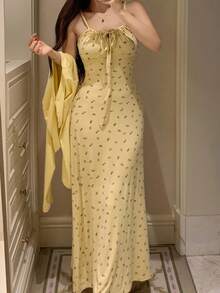 DAZY 纯色露脐上衣和碎花修身长款吊带睡裙女士睡衣套装，秋冬服装 - 黃色 - 查看 6