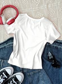 Áo thun cổ tròn dài tay thoải mái, ôm vừa vặn, họa tiết da báo, số 98 & 58, phong cách đường phố dành cho bé gái tuổi teen, thích hợp cho mùa hè - Nhiều màu - Xem 7