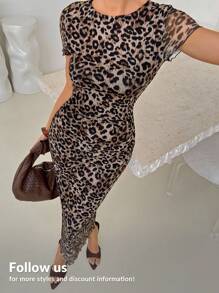 Lavishia Women Leopard Print Round Neck Short Sleeve Bodycon Midi Dress, Fashion,Cheetah Print Dress - Multicolor - View 1