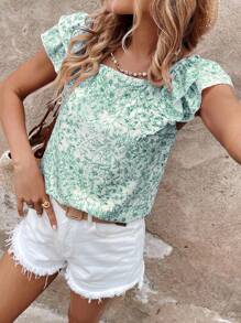 SHEIN LUNE Áo cánh tay bồng bềnh họa tiết hoa nơ sau lưng đơn giản dành cho nữ, thiết kế cơ bản hàng ngày cho kỳ nghỉ xuân hè - màu xanh lá - Xem 5