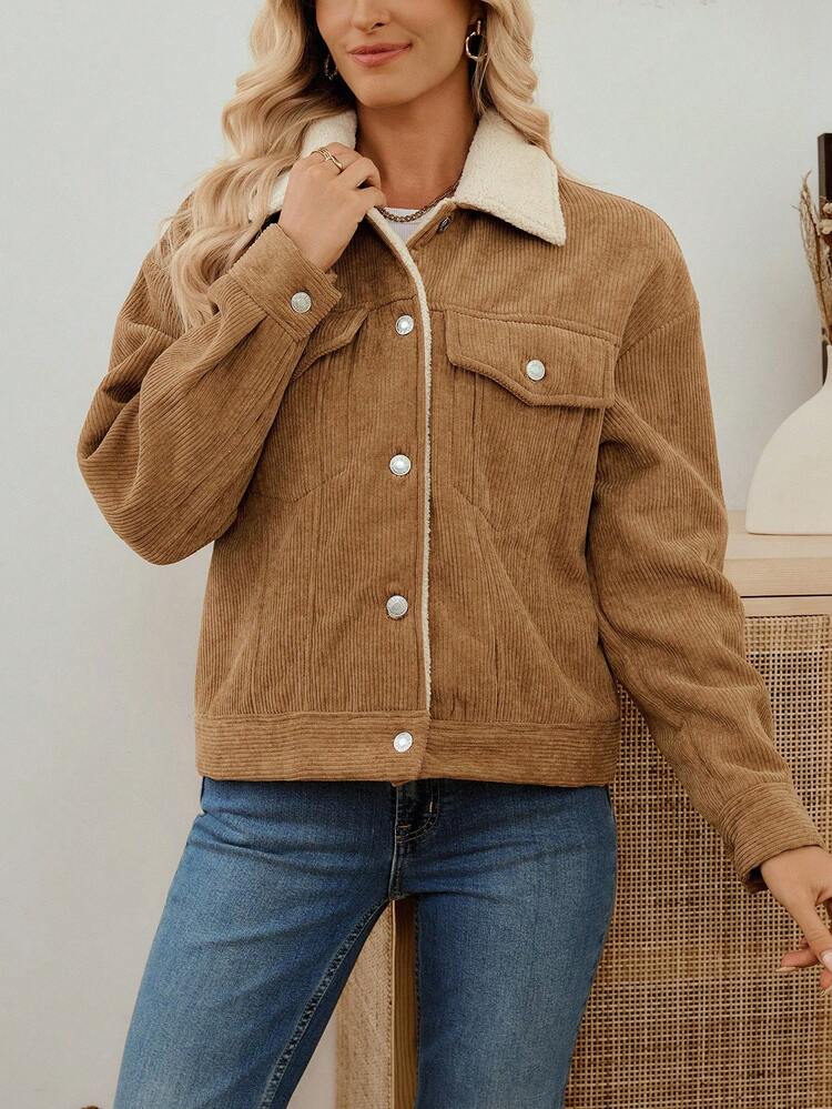 EMERY ROSE Women's Casual Corduroy Regular Jacket, Autumn/Winter Corduroy Jacket Women Fall Jackets For Women Brown Jacket Women Jackets - Brown - View 9