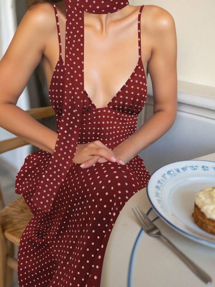 SHEIN Essnce Vestido camisero maxi de mujer con cuello en V sexy y estampado de lunares - Burdeos - Añade 1