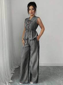 Elenzga 女款休闲度假蓝白条纹前系带设计无袖衬衫+女款休闲度假蓝白条纹松紧腰裤 - 黑色 - 查看 3