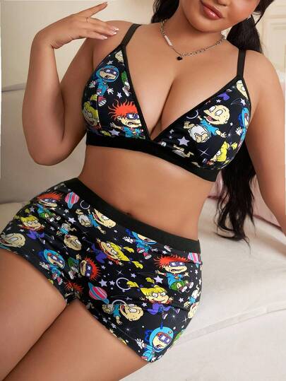 Nick 90s | SHEIN Plus Size Black Cartoon Figure Graphic Bra And Boyshort Set,Sexy & Comfy,Kawaii