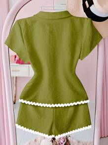 Selianne 2pcs Women Casual Vacation Patchwork Ribbon Short Sleeve Shirt And Shorts Set