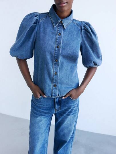 Maija Blusa casual de mezclilla de mujer de abotonadura sencilla en azul con mangas abullonadas