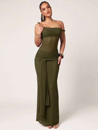 Silquee Women's Fashion Casual Satin Bodycon Maxi Slip Dress Mesh Maxi Dress Long Tight Dress Tight Maxi Dress Green Maxi Dress