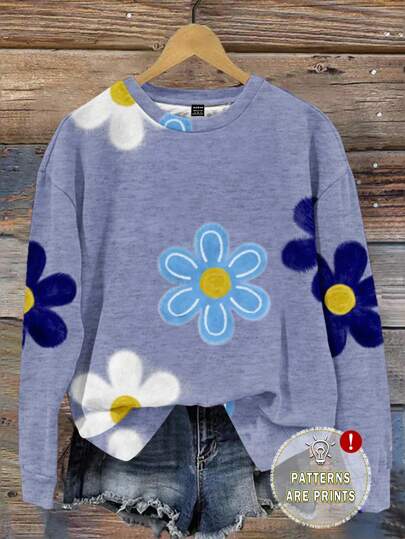 SHEIN LUNE Sudadera holgada de mujer con cuello redondo y estampado floral casual, adecuada para otoño/invierno