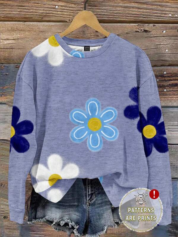 SHEIN LUNE Casual Cute Floral Pattern Round Neck Loose Fit Women Sweatshirt, Suitable For Autumn/Winter,Casual
