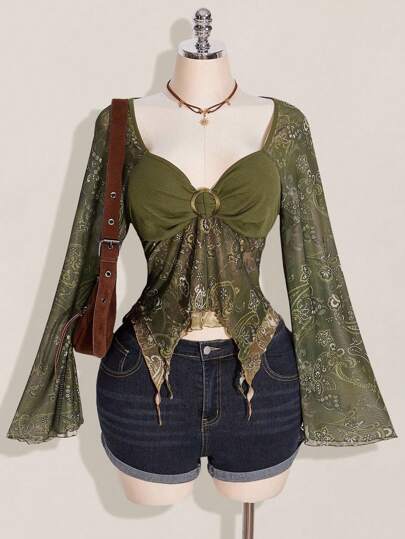 SHEIN ICON 女式波西米亚节日佩斯利印花 T 恤，不对称下摆，喇叭袖，复古 Y2k，秋季