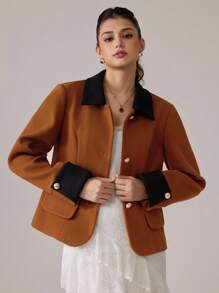 SHEIN MOD Vintage Elegant Contrast Color Lapel Blazer, Brown Blazer In Fall/Winter - Brown - View 2