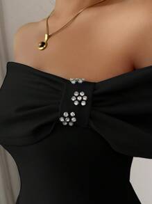 Elenzga Đầm midi xòe tay ngắn hở vai đính đá thời trang dành cho nữ - màu đen - Xem 3