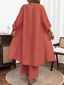 SHEIN JORESS 2件套女士纯色长袖上衣和阔腿裤套装 - 珊瑚橙 - 查看 2