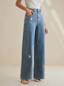 Anewsta 时尚女式水钻口袋休闲阔腿牛仔裤 - 藍色 - 查看 1