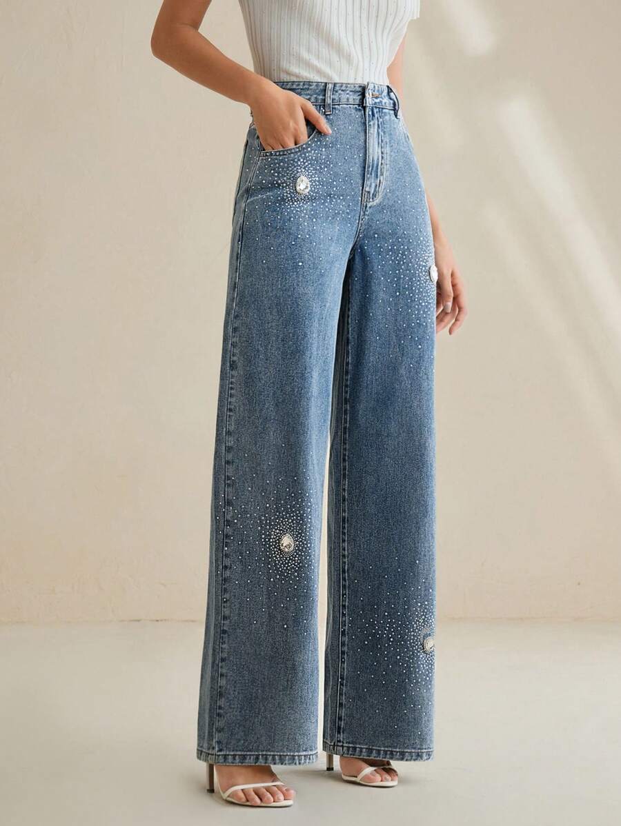 Anewsta 时尚女式水钻口袋休闲阔腿牛仔裤 - 藍色 - 查看 1