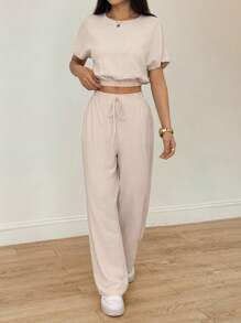SHEIN PETITE Batwing Sleeve Crop Top & Drawstring Waist Pants Textured Fabric Two Pieces Two Pieces Set Beige Two Pieces Set Casual Two Pieces Set Comfortable Two Pieces Set Tall Two Pieces Set Two Pieces Pants Set Women Two Pieces Set - Apricot - View 3