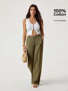 SHEIN Tall 100% 水洗纯棉低腰直筒裤 - 軍綠色 - 查看 7