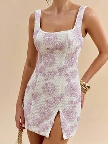SHEIN BAE Váy ôm sát cơ thể mini họa tiết hoa 3D màu hồng trơn thu đông xẻ tà, thích hợp mặc đi tiệc, đi câu lạc bộ, hẹn hò, phù dâu, đám cưới, đầm sang trọng - Hồng - Xem 7