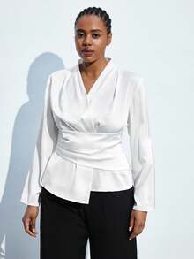 Maija Plus Size White Satin Blouse Long Sleeve Top,Women's Elegant Silky Summer Dinner Commuter Wear,Business Casual Autumn,New Year Party,Date,Graduation - White - View 6